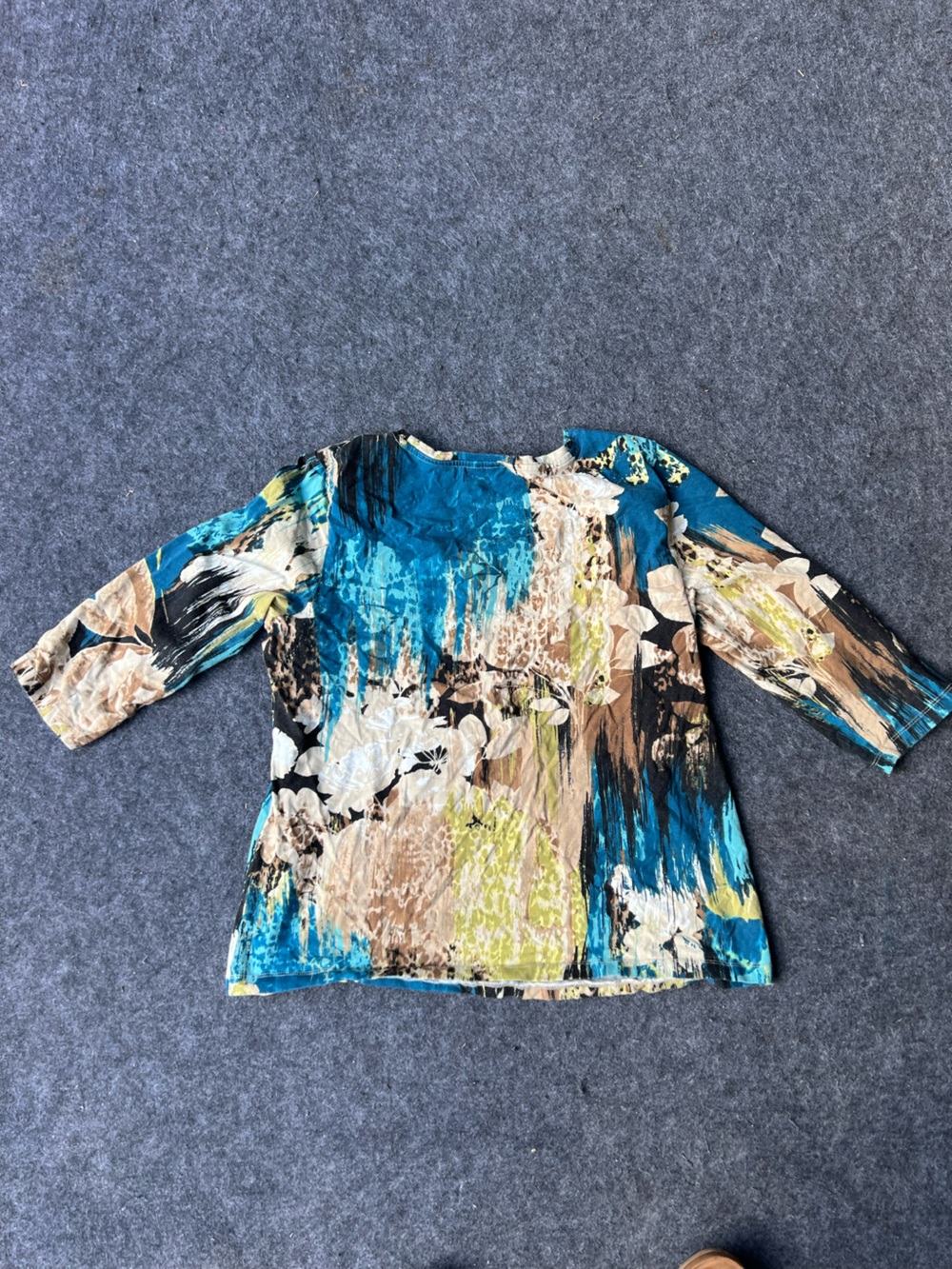 Christopher & Banks Teal, Beige and Black Abstract Floral Long Sleeve Top